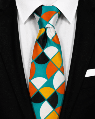 Akinwale men’s Ankara tie with turquoise, orange, mustard, black and white geometric print
