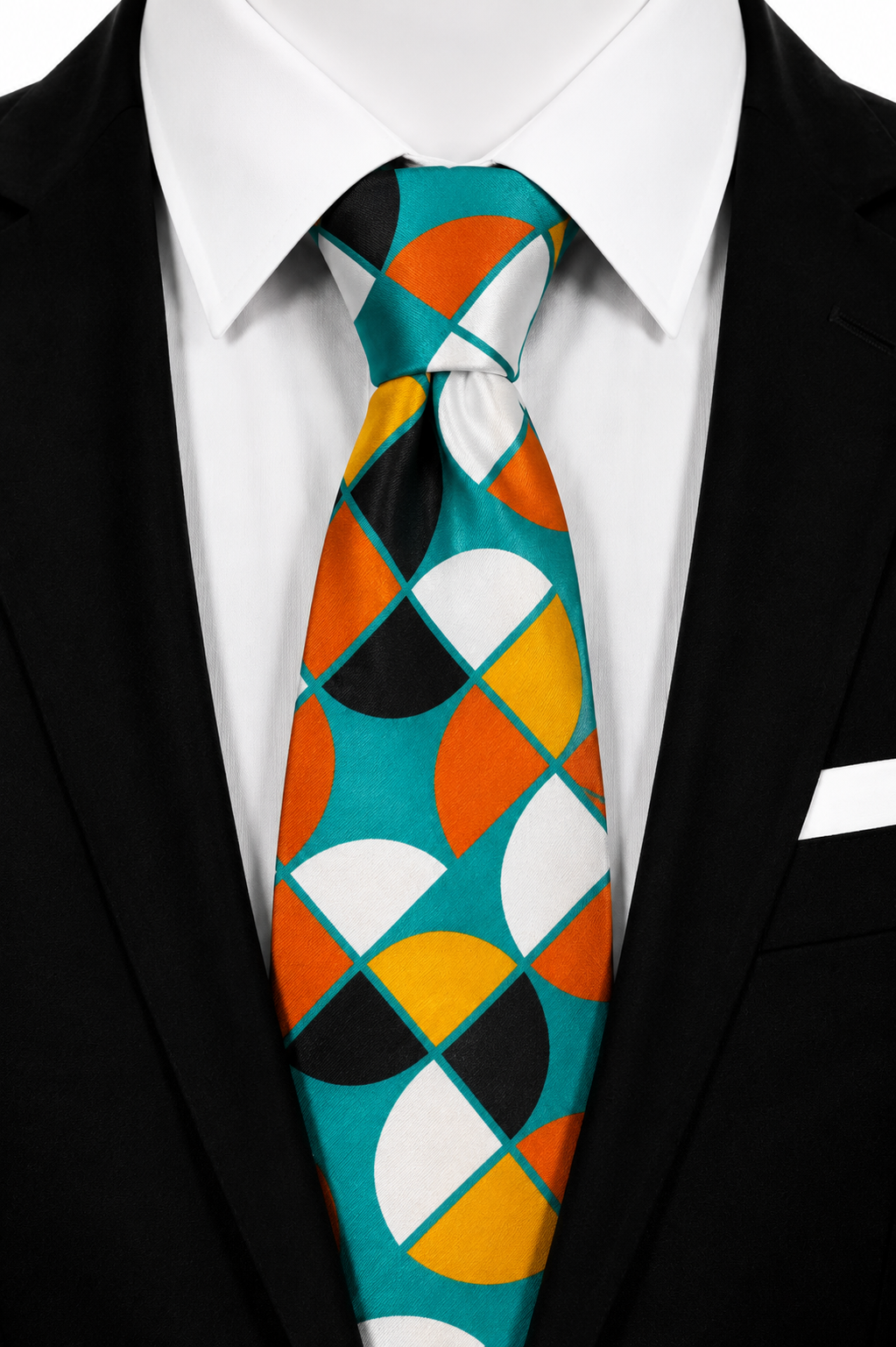 Akinwale men’s Ankara tie with turquoise, orange, mustard, black and white geometric print