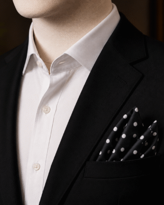 Tony Black Polka Dot Pocket Square styled with a black suit