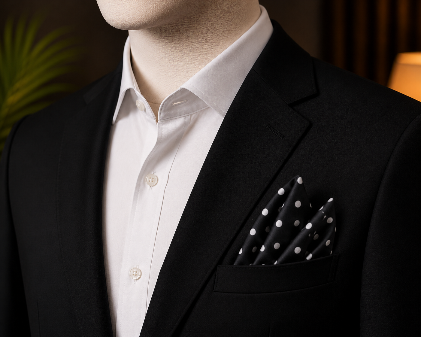 Tony Black Polka Dot Pocket Square styled with a black suit