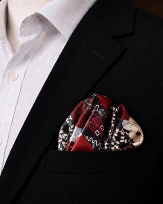 Isreal Black & Red Floral Pocket Square styled with a black suit