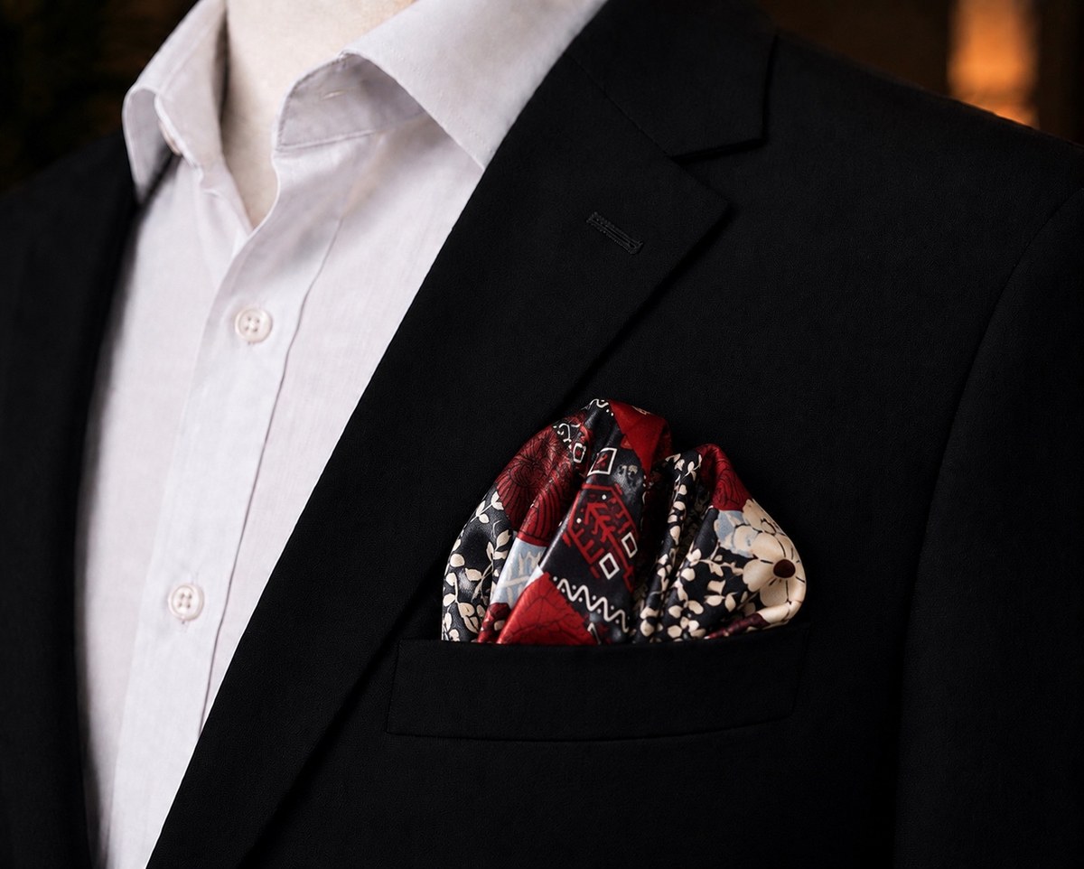 Isreal Black & Red Floral Pocket Square styled with a black suit