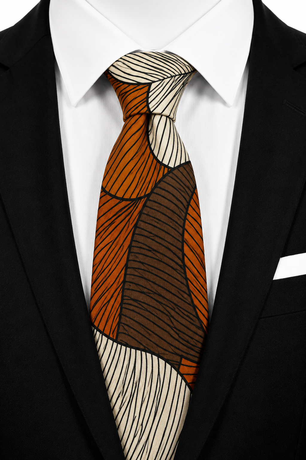 Kunle men’s Ankara tie in burnt orange, brown, cream and black geometric print