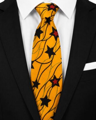 Olatunji yellow Ankara tie with black and red star pattern styled with a black suit