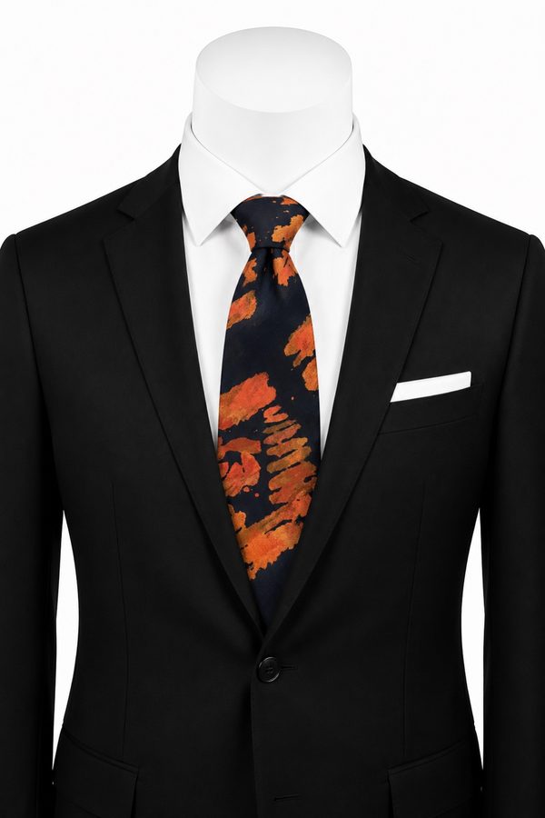 Oluwadamilare navy and orange Ankara print tie styled with a black suit