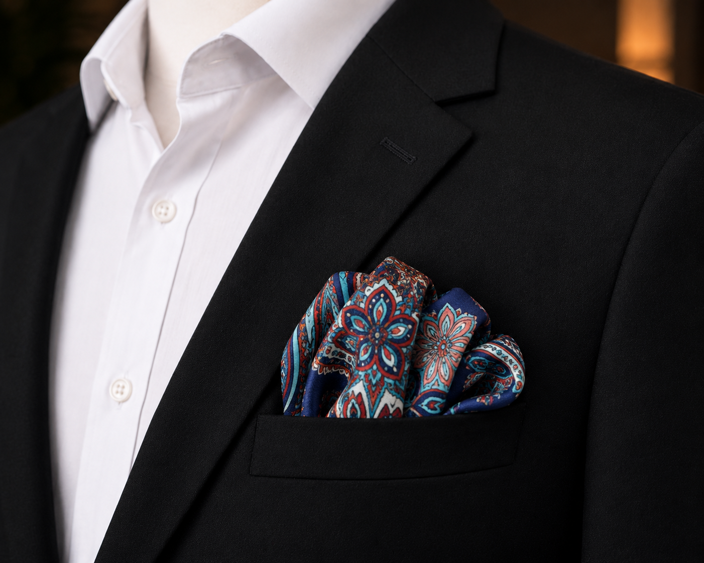Rotimi Navy Paisley Pocket Square styled in the breast pocket of a black suit