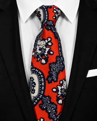 Tunde men’s Ankara tie in red, navy blue and cream floral print