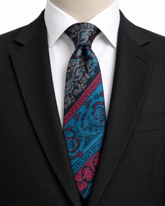 Navy blue, turquoise and burgundy Adebola Heritage Paisley men's tie with intricate floral patterns on a black suit.