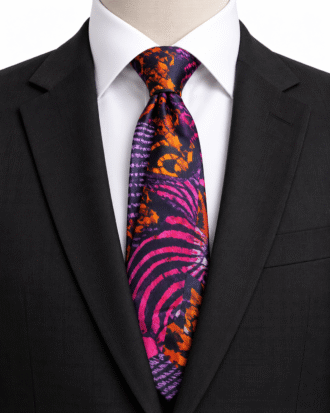 Adeoba African Fusion men's tie in orange, hot pink, purple, and navy with bold abstract patterns on a black suit.