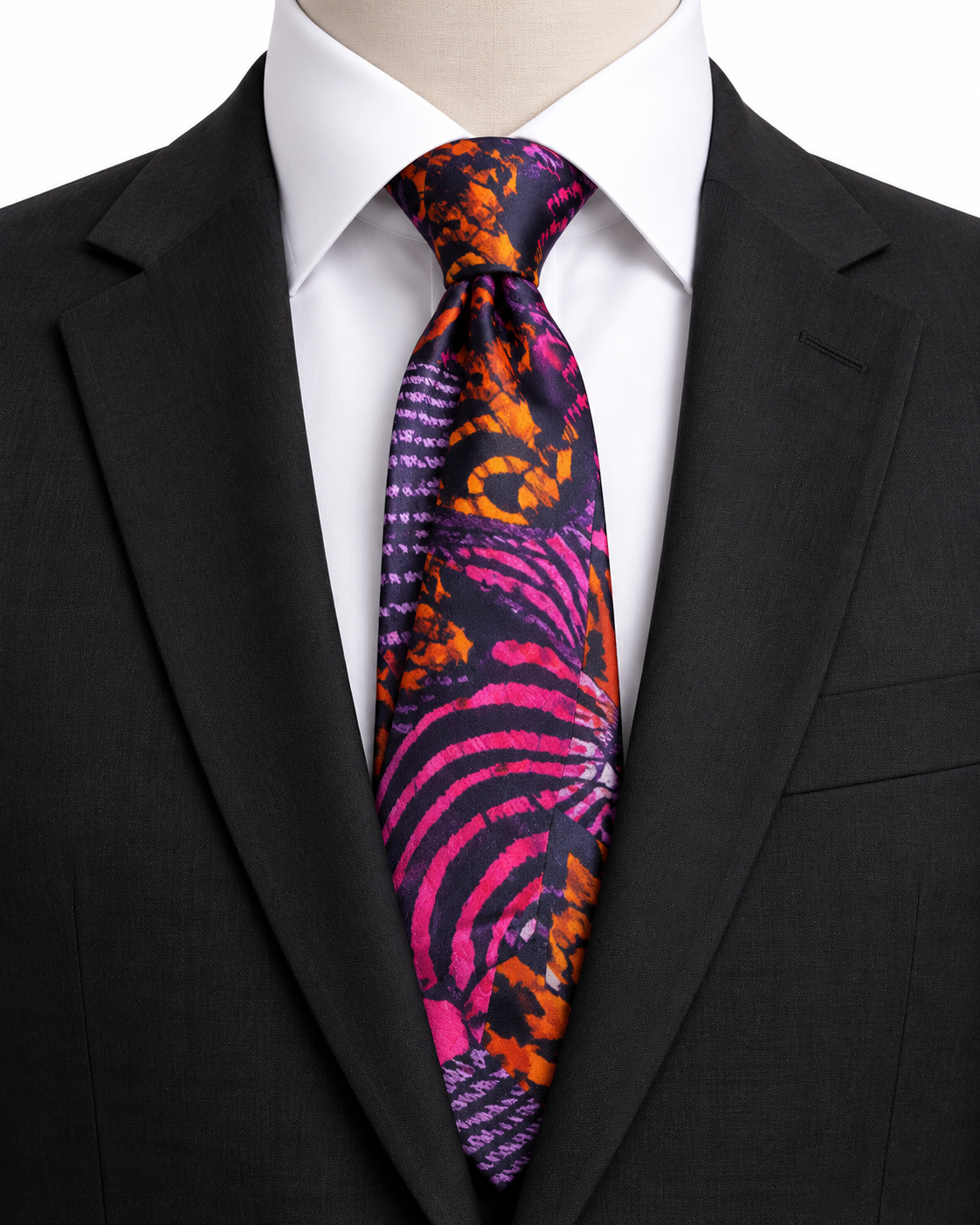 Adeoba African Fusion men's tie in orange, hot pink, purple, and navy with bold abstract patterns on a black suit.